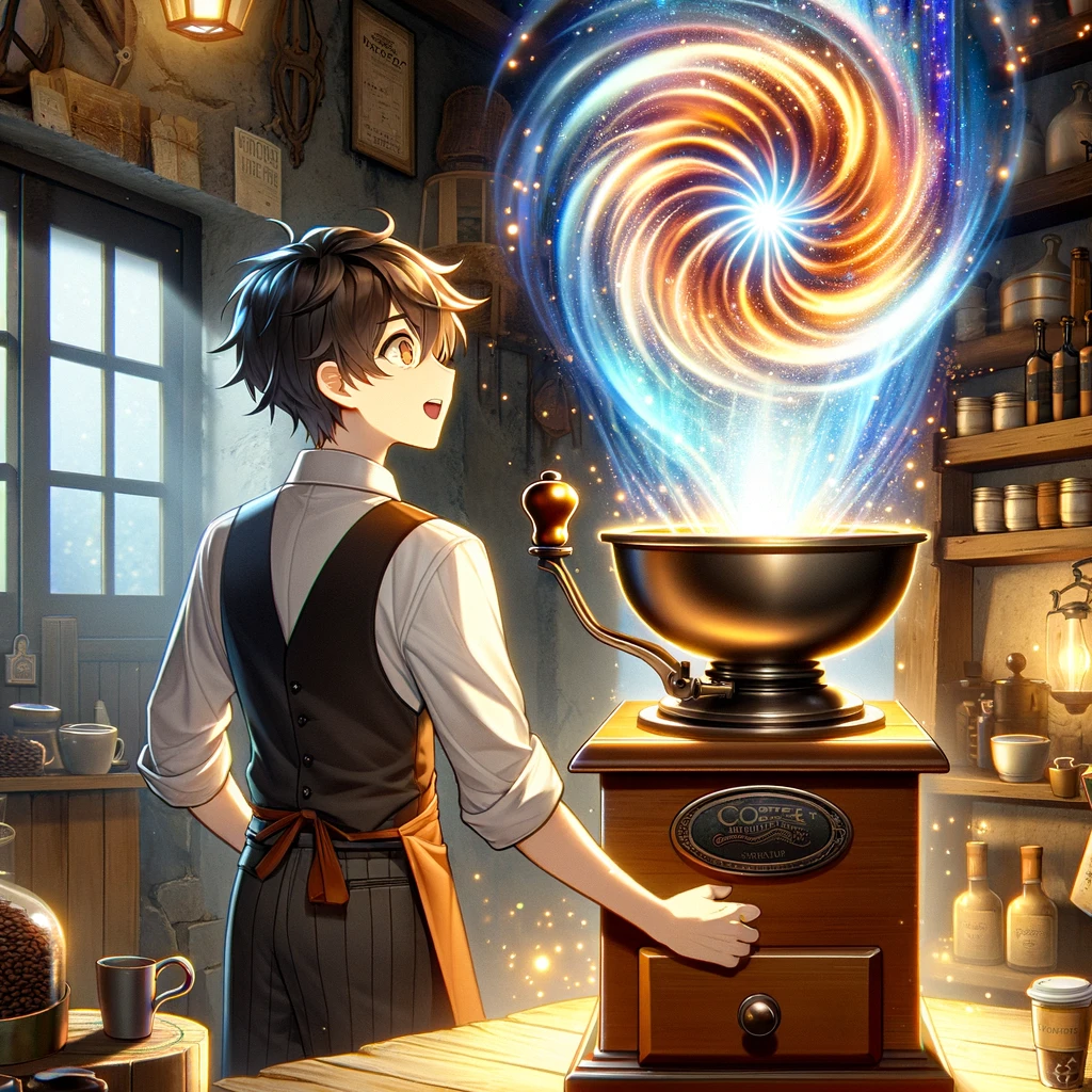 Alex discovers the magical coffee grinder and the portal for the first time. This moment captures the beginning of Alex&rsquo;s unexpected journey into another realm.