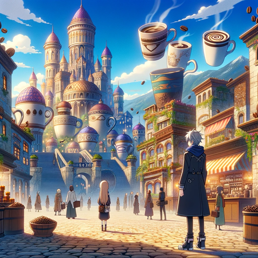 Alex&rsquo;s first encounter with the Kingdom of Aroma. This scene captures the essence of the coffee-inspired kingdom and Alex&rsquo;s awe at the magical world around them.