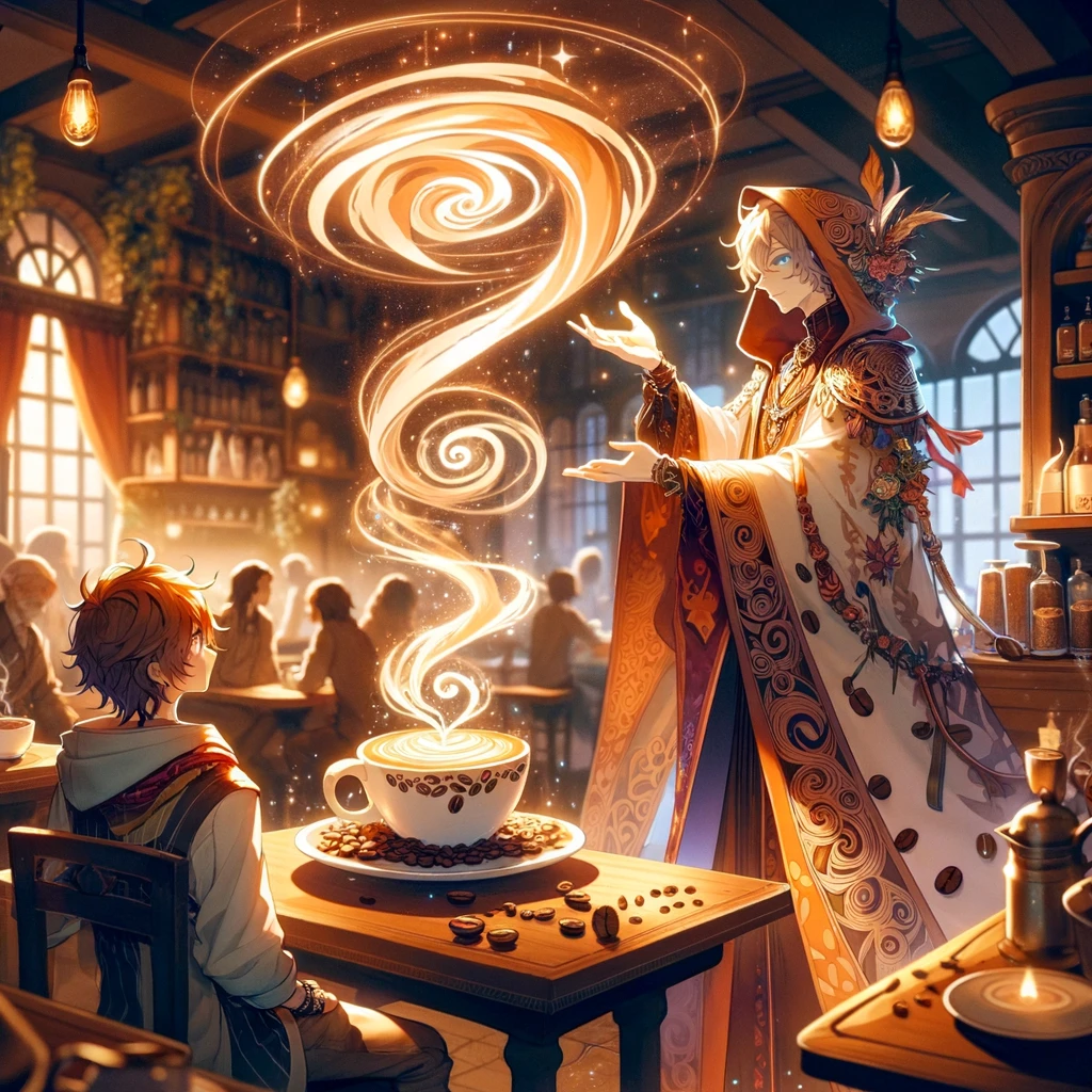 The enchanting encounter between Alex and the Latte Art Mage. This scene showcases the magical integration of coffee culture and spellbinding artistry, highlighting a pivotal moment in Alex&rsquo;s journey and learning.