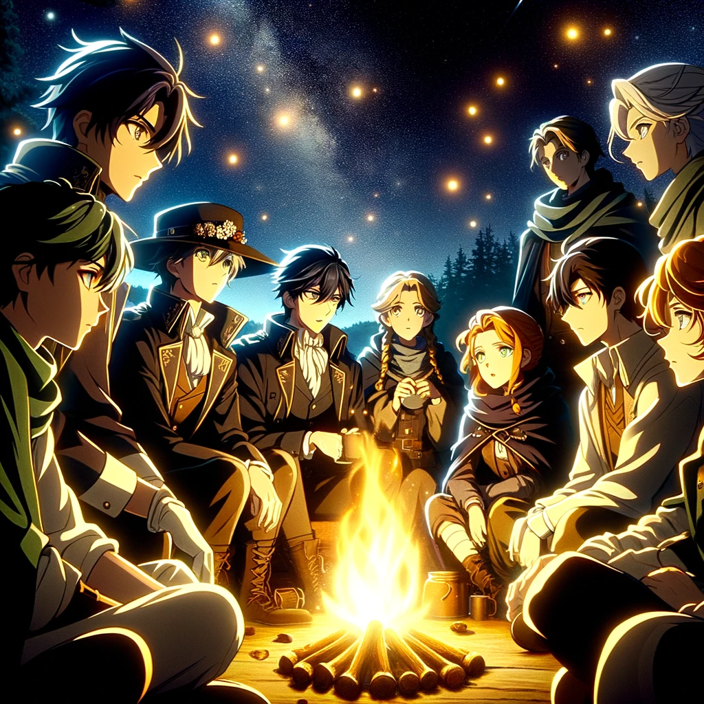 Capturing the tense and emotional scene around the campfire as Alex and their companions confront the possibility of a spy among them and the threat of Decaf. This moment emphasizes the themes of trust and betrayal in their journey.