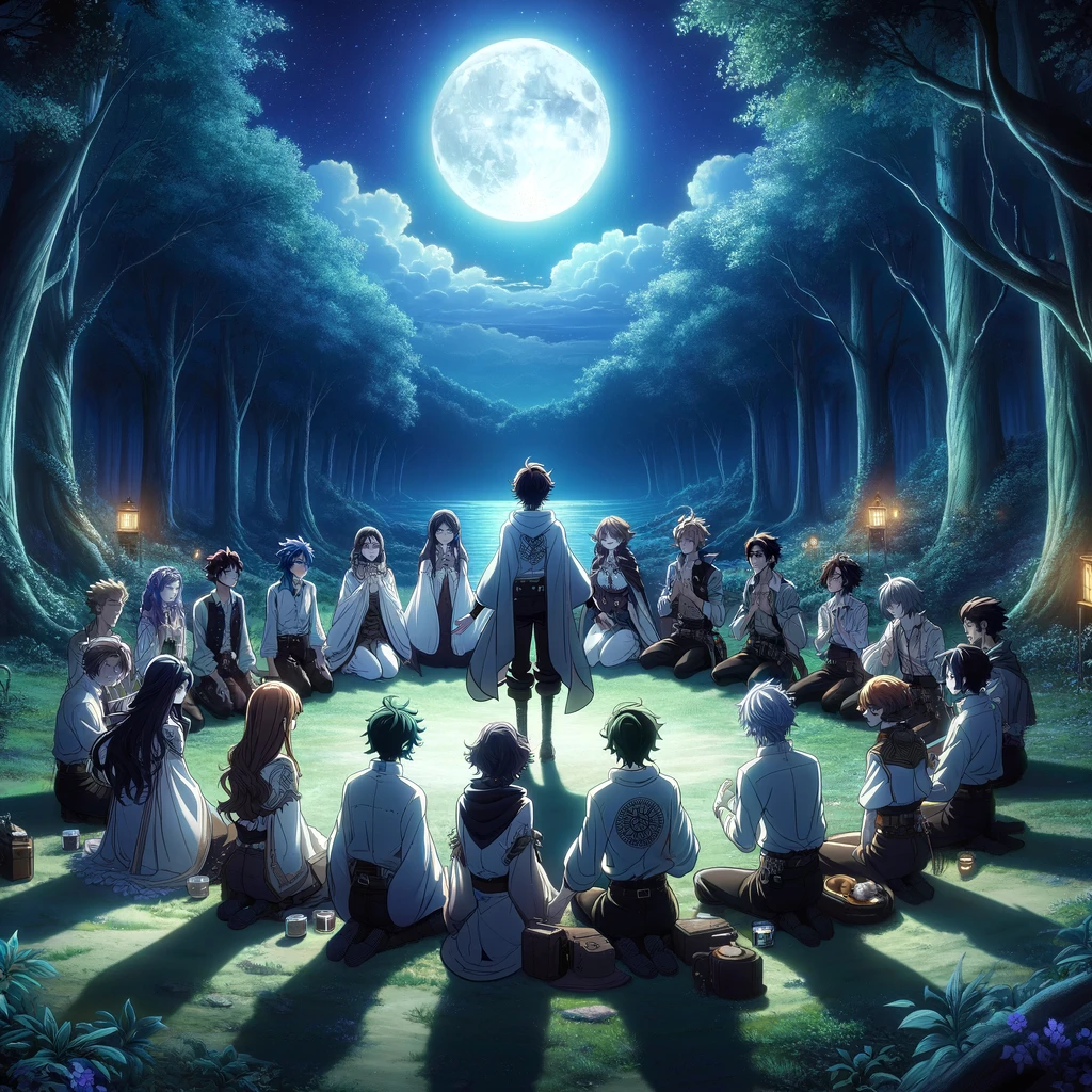 Capturing the poignant moment of reconciliation among Alex and their companions. This scene beautifully illustrates the themes of forgiveness, trust, and unity under the serene moonlight, symbolizing their strengthened bonds and the magical essence of their journey.