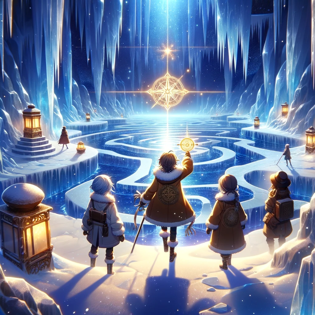 Alex&rsquo;s journey through the frozen labyrinth of the Iced Coffee Lake. This scene highlights the magical yet challenging environment, emphasizing Alex&rsquo;s determination and the guidance of the glowing compass towards the third Legendary Brewer.