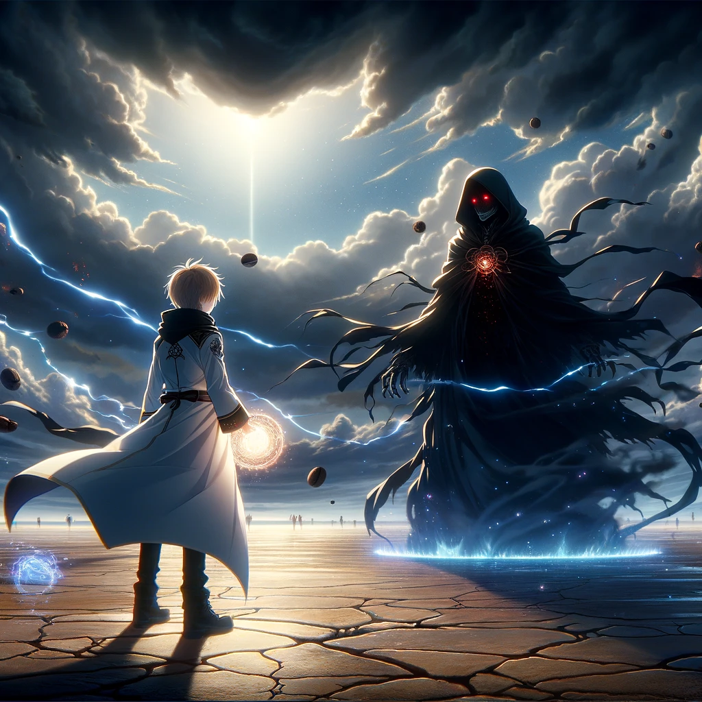 Intense confrontation between Alex and Decaf. This scene embodies the climax of their struggle, with both characters ready for the decisive battle that will determine the fate of the coffee magic world, highlighted by the dramatic contrast between light and darkness.