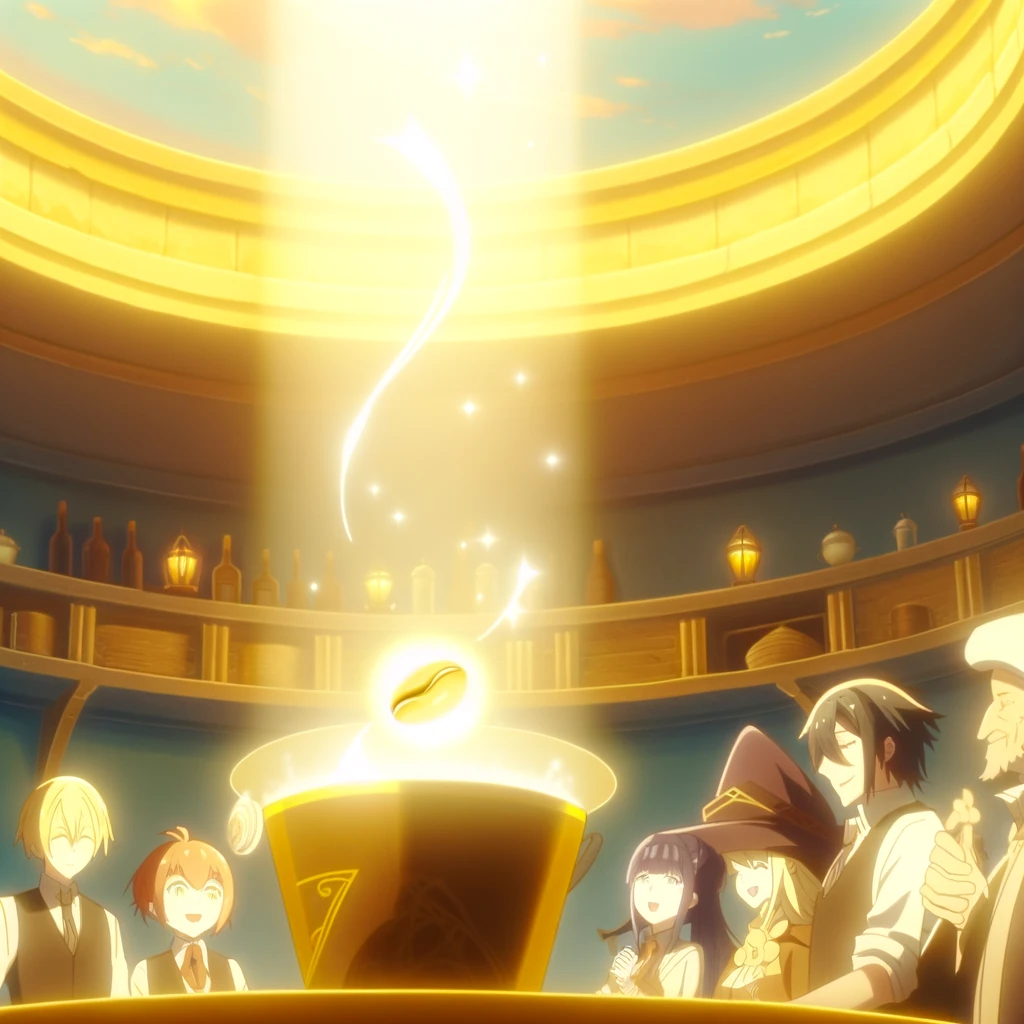 The heartwarming and magical final scene back in the café. This moment, filled with the soft glow of the Golden Bean and the surrounding joy of friends from both realms, symbolizes the successful end of Alex&rsquo;s journey, the restoration of balance, and the promise of future adventures.