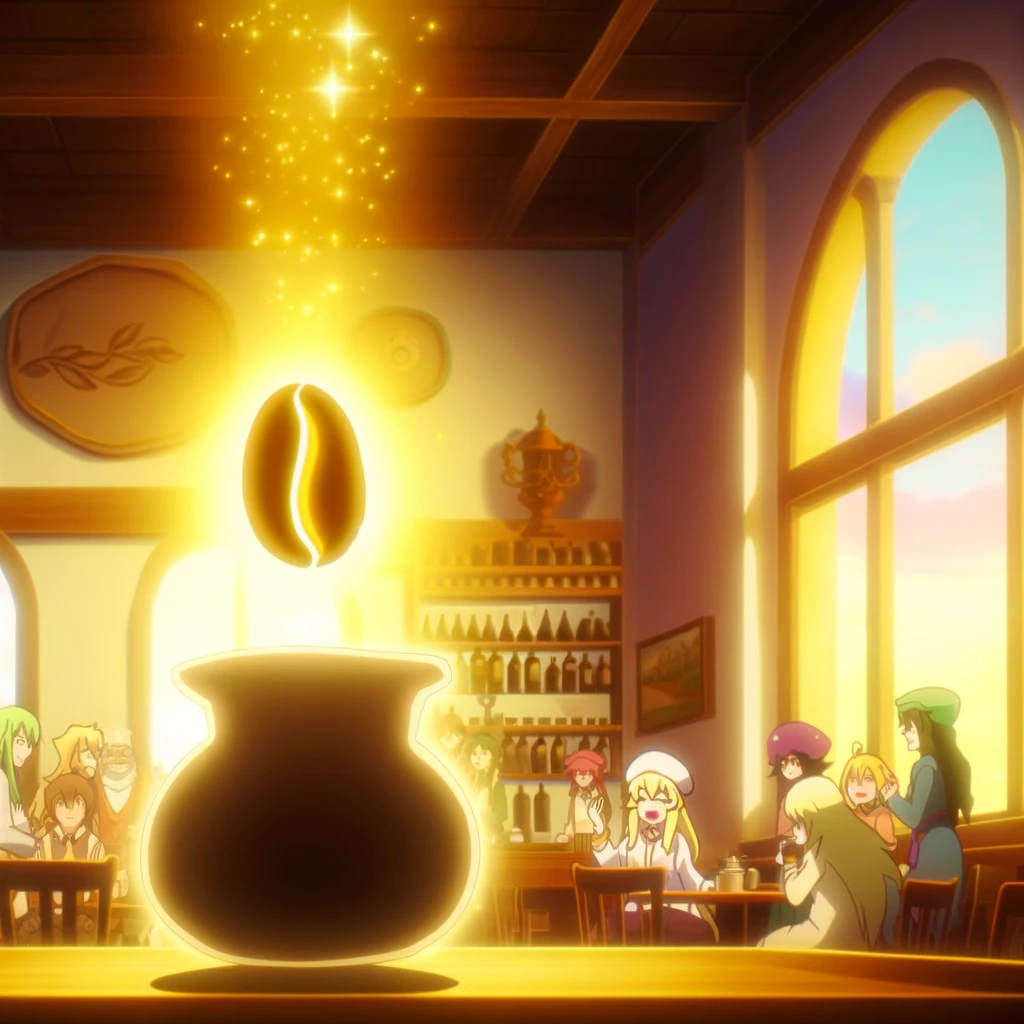 The heartwarming and magical final scene back in the café. This moment, filled with the soft glow of the Golden Bean and the surrounding joy of friends from both realms, symbolizes the successful end of Alex&rsquo;s journey, the restoration of balance, and the promise of future adventures.